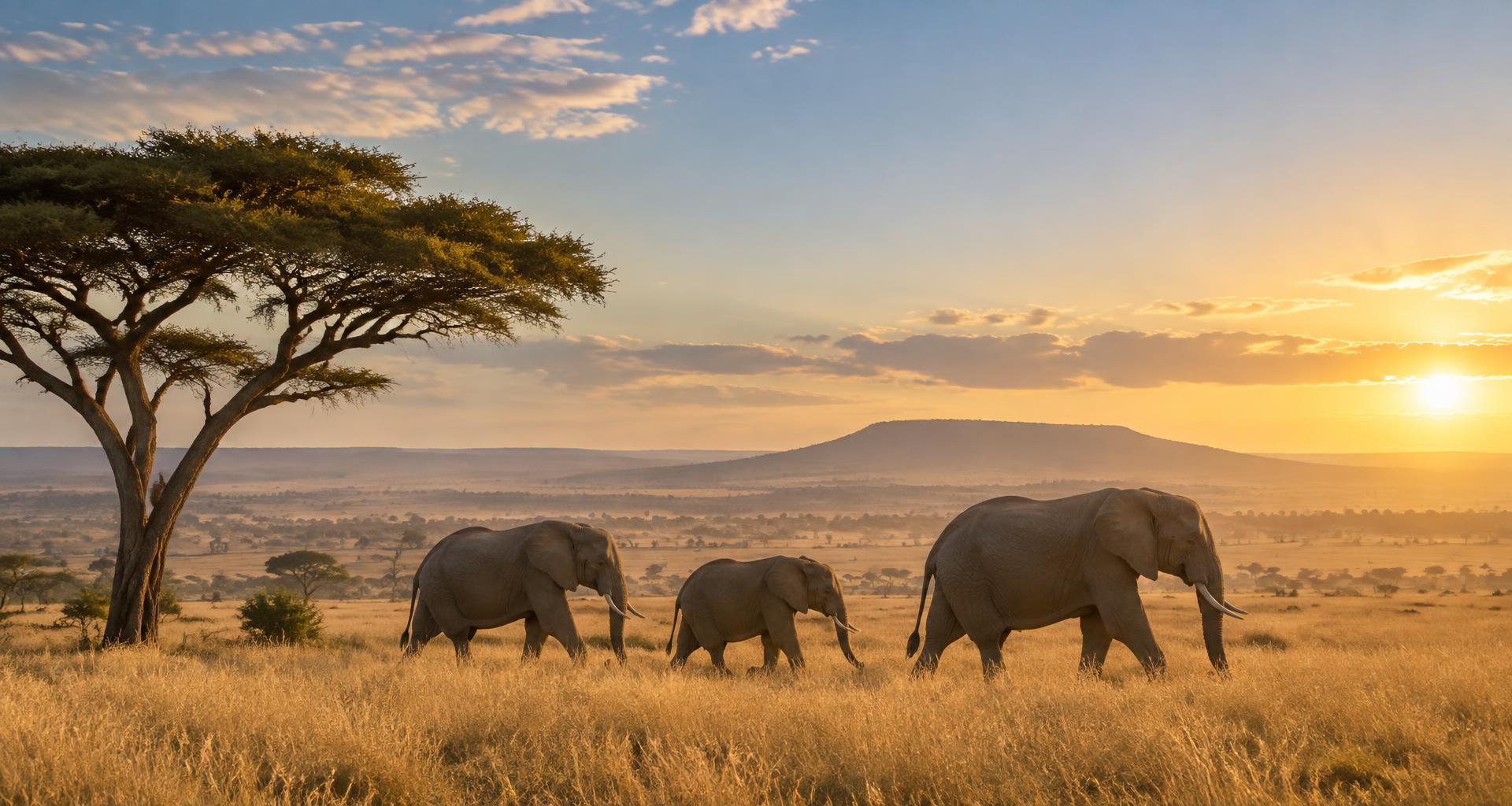 Elephants crossing the Serengeti plains beneath an acacia at sunset